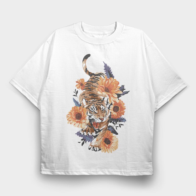 Tiger Floral Attitude, Tricou Oversize Barbati (Unisex)