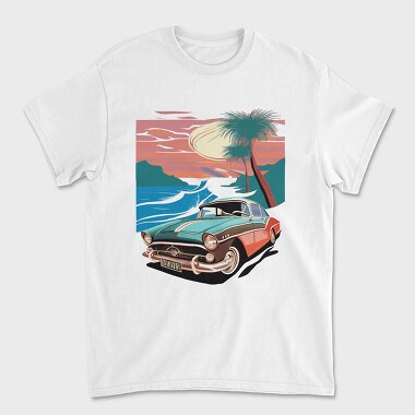 80S Classic Car Sunset Mountains Beach Trees, Tricou Barbati (Unisex)