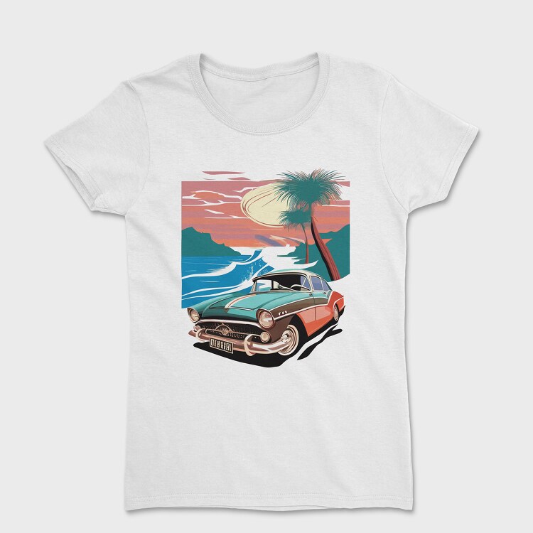 80S Classic Car Sunset Mountains Beach Trees, Tricou Femei