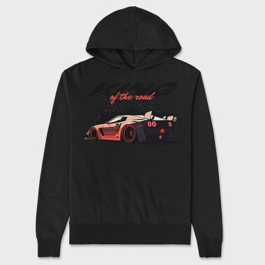 King of the Road Sports Car Parked Mountain Trees, Hanorac Oversize Barbati (Unisex)