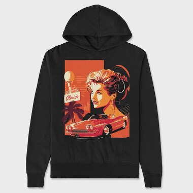 Classic Convertible Car Palm Trees Retro Girl, Hanorac Oversize Barbati (Unisex)