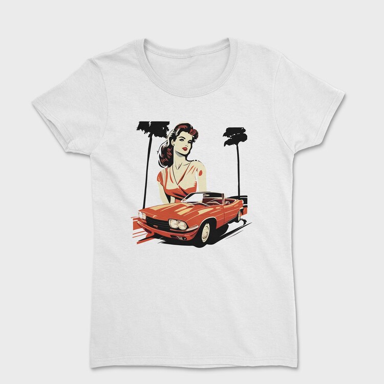 Iconic Classic Car Convertible Girl Trees, Tricou Femei