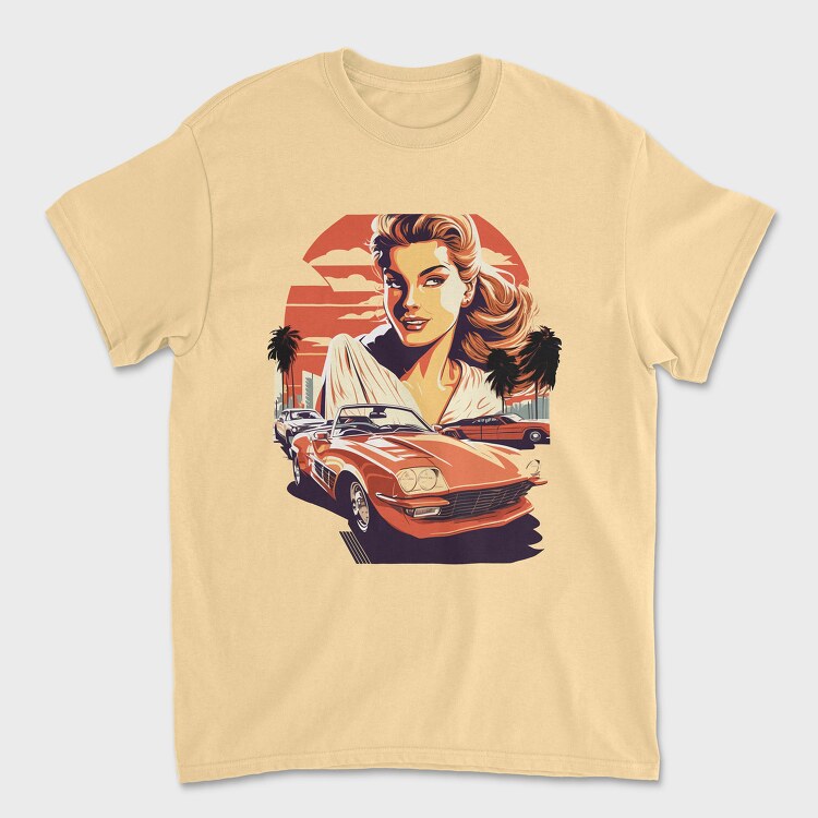 Tricou Barbati (Unisex), Retro Car Convertible With Girl and Trees