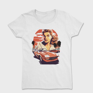 Retro Car Convertible With Girl and Trees, Tricou Femei