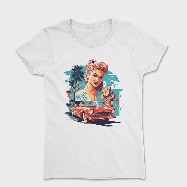 Tricou Femei, Retro Convertible Classic Car Palm Trees