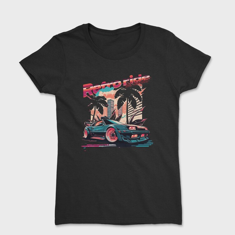 Tricou Femei, Retro Ride and Sunset Sports Car City Palm Trees Vaporwave