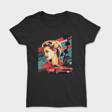 Vintage Car Convertible With Girl and Trees, Tricou Femei