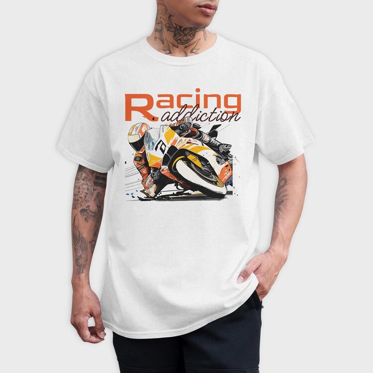 Tilted Competition Motorcycle With Rider Racing Addiction, Tricou Barbati (Unisex)