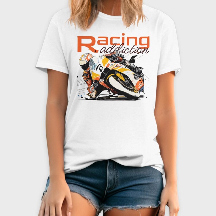 Tilted Competition Motorcycle With Rider Racing Addiction, Tricou Barbati (Unisex)