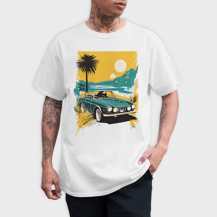 Classic Car Palm Trees Sun Sea City, Tricou Barbati (Unisex)