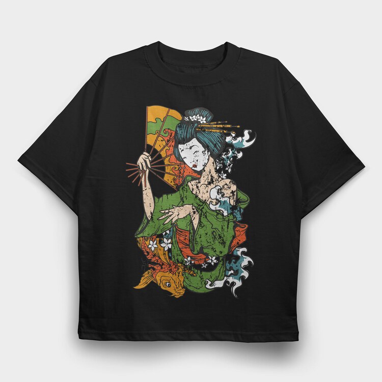 Geisha Koi Fan, Tricou Oversize Barbati (Unisex)