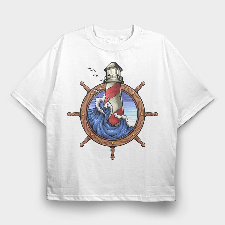 Lighthouse Storm Ship Wheel, Tricou Oversize Barbati (Unisex)