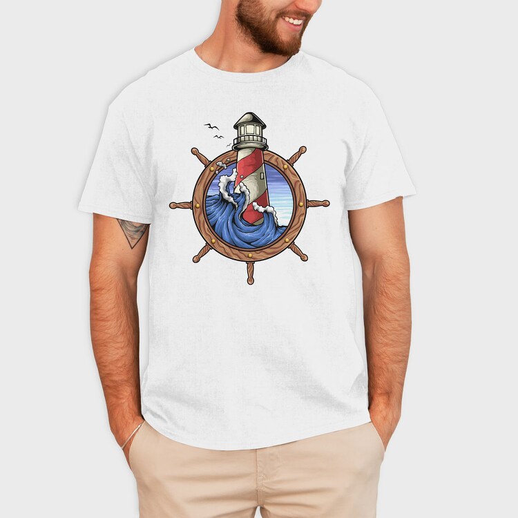 Lighthouse Storm Ship Wheel, Tricou Barbati (Unisex)