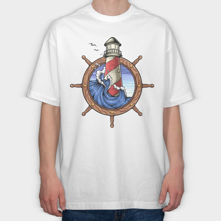 Lighthouse Storm Ship Wheel, Tricou Oversize Barbati (Unisex)