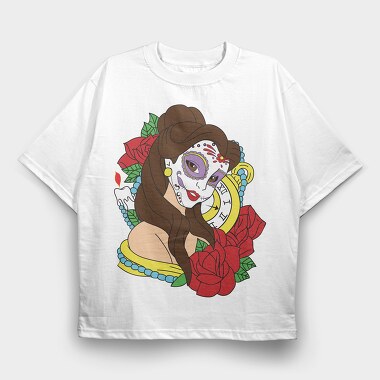 Sugar Skull Rose Clock, Tricou Oversize Barbati (Unisex)