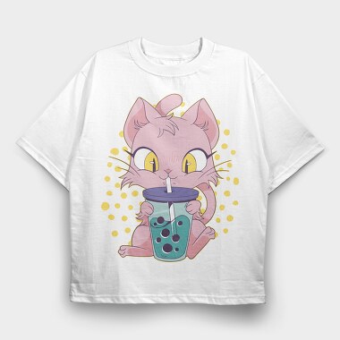 Cat Bubble Tea, Tricou Oversize Barbati (Unisex)