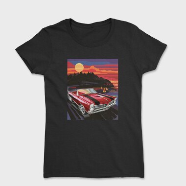 Coastal Vintage Car Cruise Red Sunset Sailboats, Tricou Femei