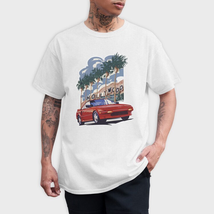 Hollywood Red Car Palm Tree Modern, Tricou Barbati (Unisex)