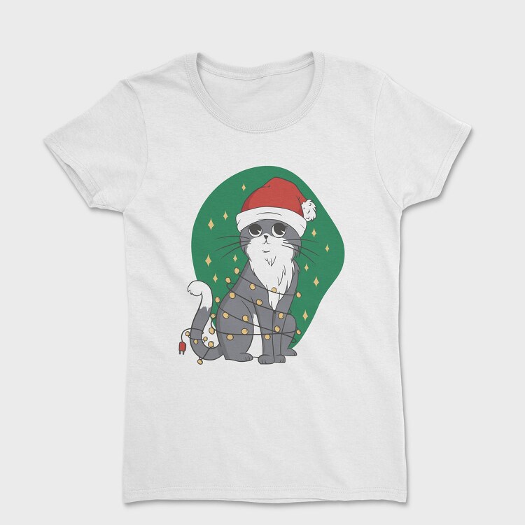 Cat With Fairy Lights Christmas, Tricou Femei