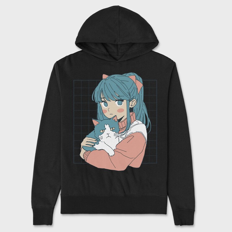 Anime Girl With Cat, Hanorac Oversize Barbati (Unisex)