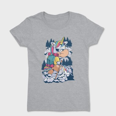 Cartoon Unicorn Hiking Pee On Mountain, Tricou Femei