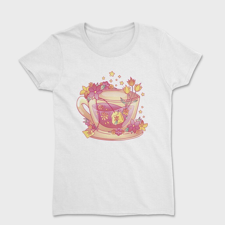 Floral Cup Of Tea Pink Kawaii, Tricou Femei