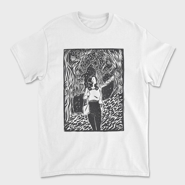 Girl Walking On Magical Forest Lino Art, Tricou Barbati (Unisex)