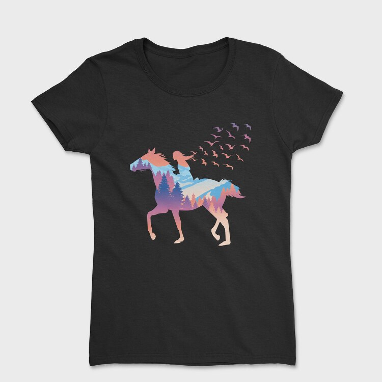 Girl And Horse Forest Winter Landscape, Tricou Femei