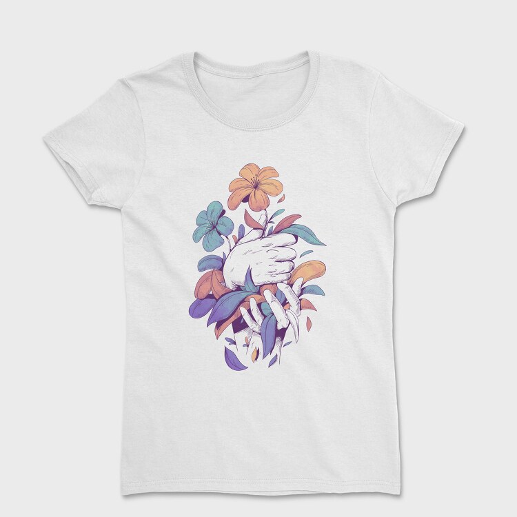 Hands Holding Flowers And Leaves Plants 03, Tricou Femei