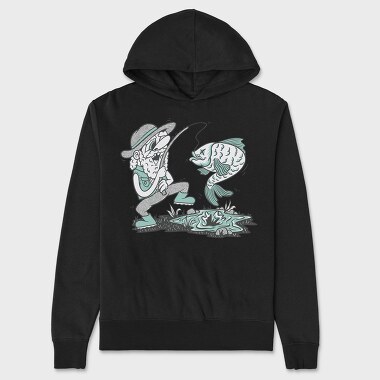 Happy Fisherman And Fish Cartoon, Hanorac Oversize Barbati (Unisex)