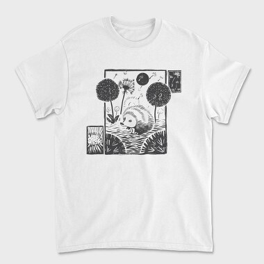 Hedgehog With Dandelions Lino Art, Tricou Barbati (Unisex)