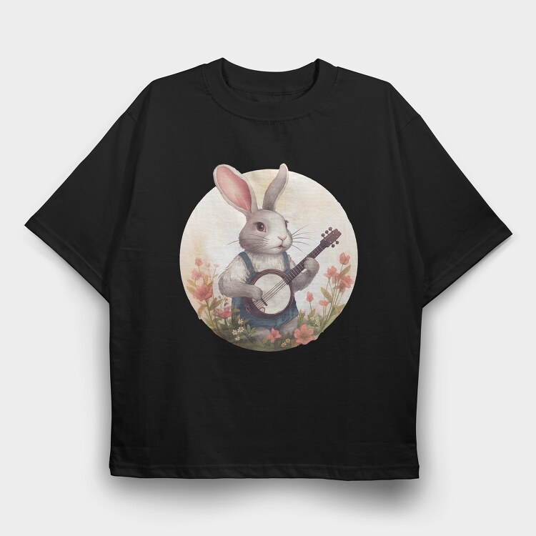 Bunny Playing Banjo Cottagecore, Tricou Oversize Barbati (Unisex)