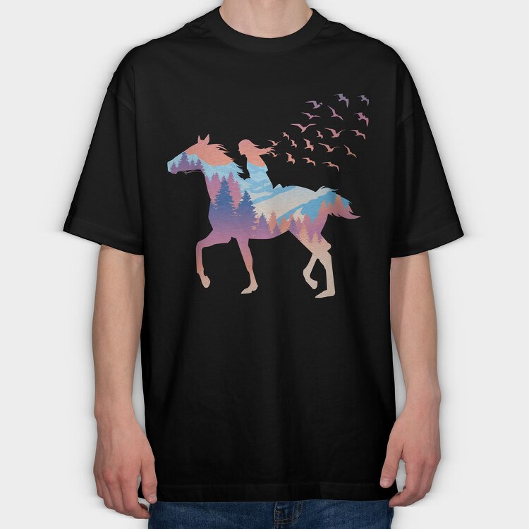 Girl And Horse Forest Winter Landscape, Tricou Oversize Barbati (Unisex)