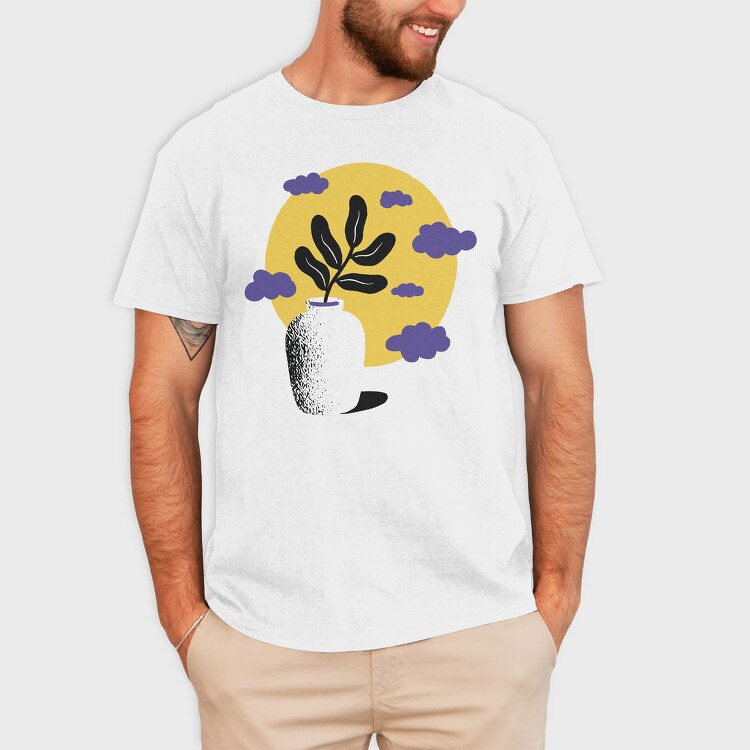 Vase With Plant Nature Flat Clouds, Tricou Barbati (Unisex)