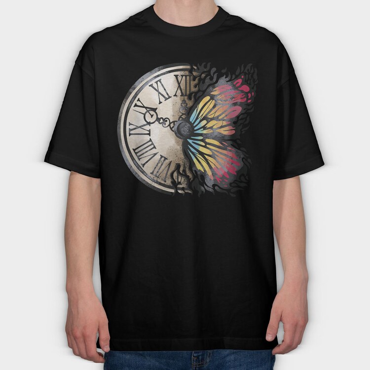 Butterfly And Vintage Clock, Tricou Oversize Barbati (Unisex)