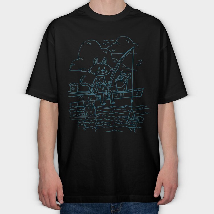 Fishing Cat Doodle, Tricou Oversize Barbati (Unisex)