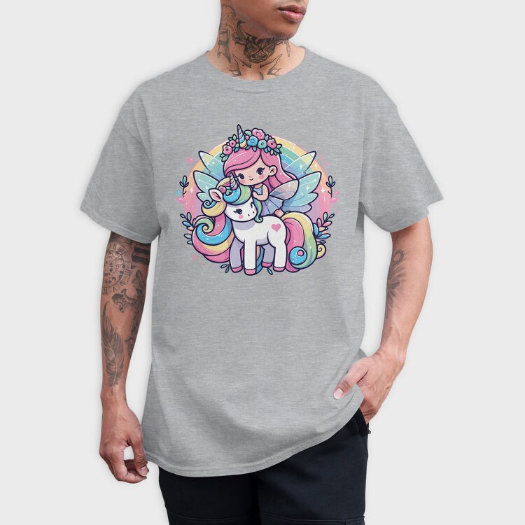 Kawaii Fairy Riding Unicorn, Tricou Barbati (Unisex)