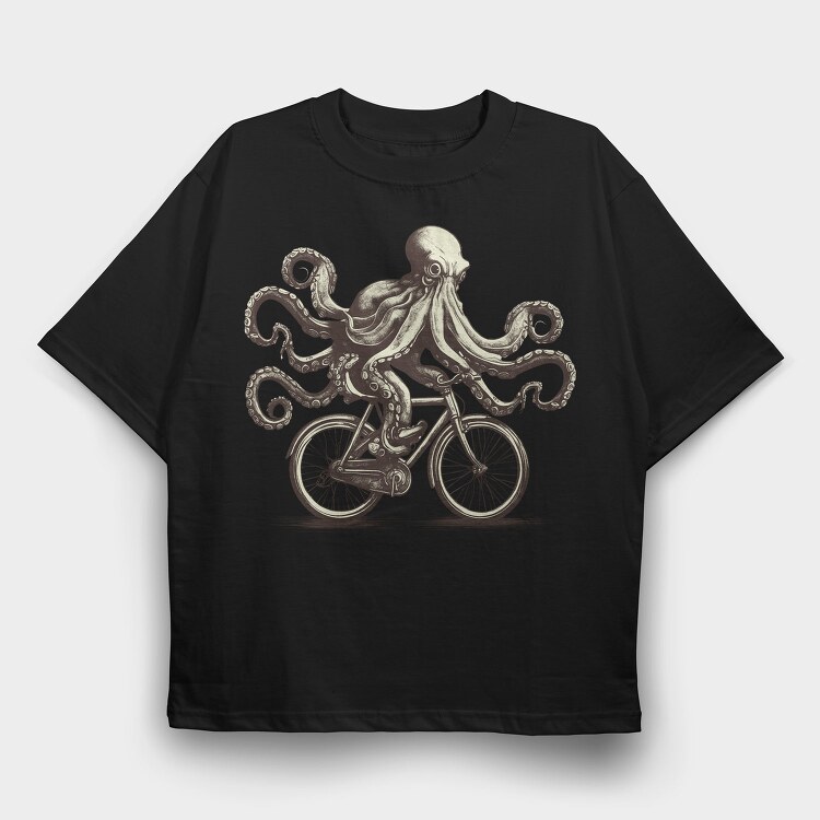 Octopus On Bicycle Ride, Tricou Oversize Barbati (Unisex)