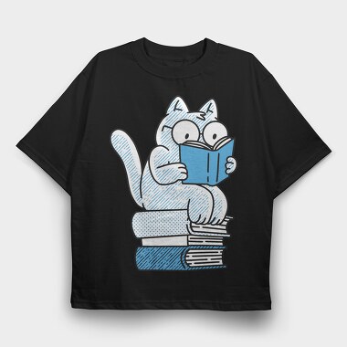 Cat Sitting On Books And Reading, Tricou Oversize Barbati (Unisex)