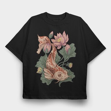 Koi Fish Lotus Illustration 04, Tricou Oversize Barbati (Unisex)
