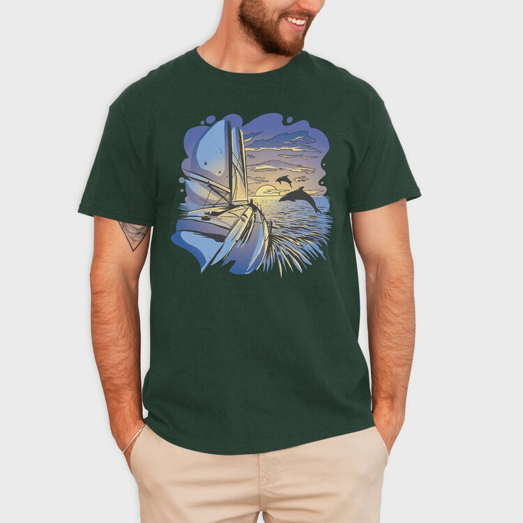 Dolphins And Boat Sail Yatch Sunset, Tricou Barbati (Unisex)