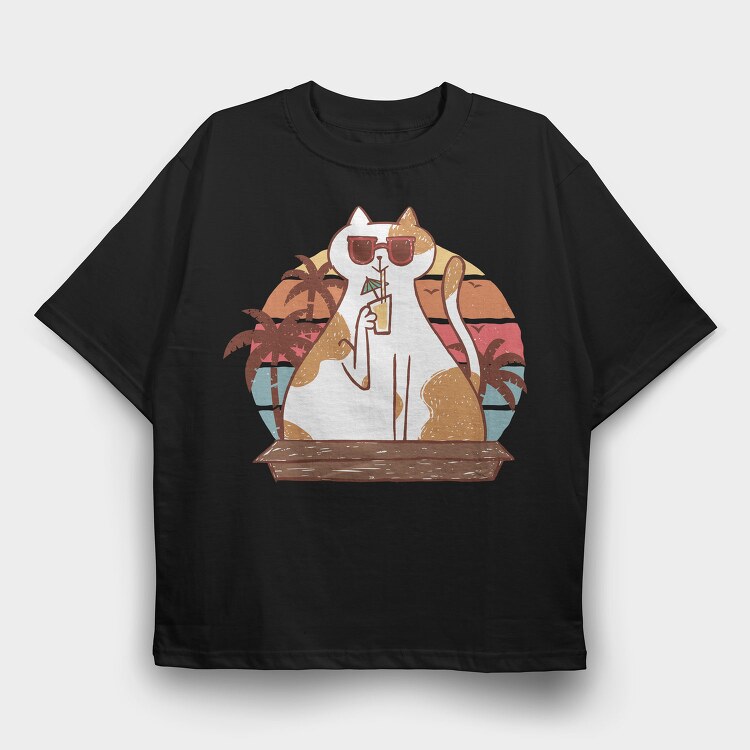 Cat With Summer Drink Retro Sunset, Tricou Oversize Barbati (Unisex)