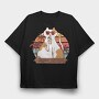 Cat With Summer Drink Retro Sunset, Tricou Oversize Barbati (Unisex)