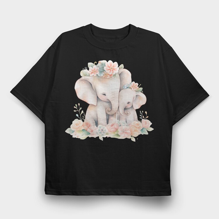 Baby Elephants With Flowers Two, Tricou Oversize Barbati (Unisex)