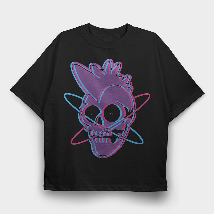 Distorted Punk Sull Cyan Magenta Skull, Tricou Oversize Barbati (Unisex)