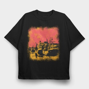 Port With Ships And Boats Sight Seen, Tricou Oversize Barbati (Unisex)