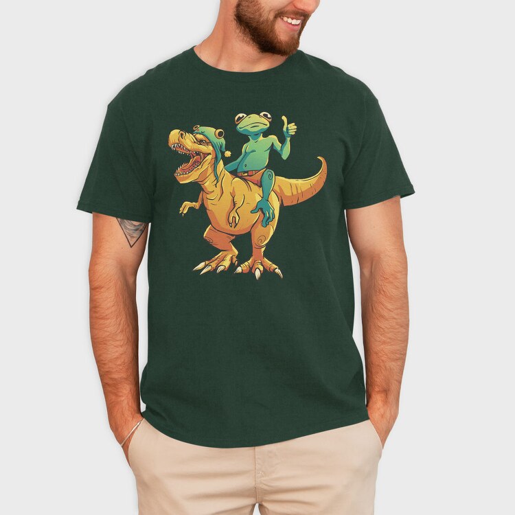 Frog Riding A T Rex Dino Trex, Tricou Barbati (Unisex)