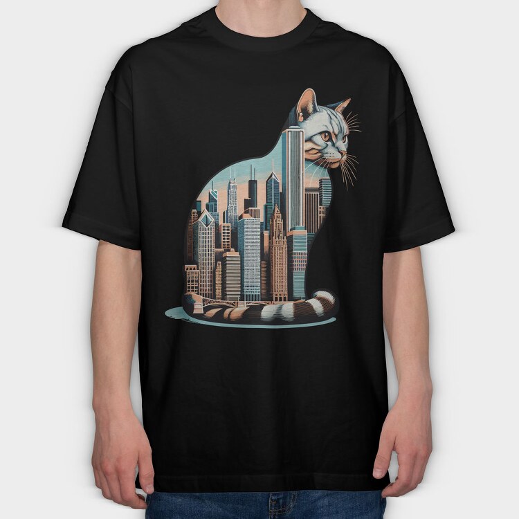 Chicago Skyline Cat, Tricou Oversize Barbati (Unisex)