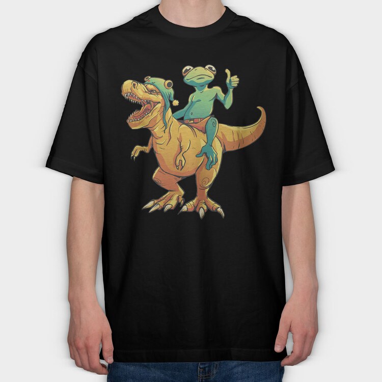 Frog Riding A T Rex Dino Trex, Tricou Oversize Barbati (Unisex)