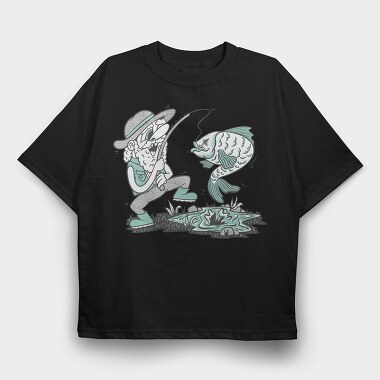 Happy Fisherman And Fish Cartoon, Tricou Oversize Barbati (Unisex)